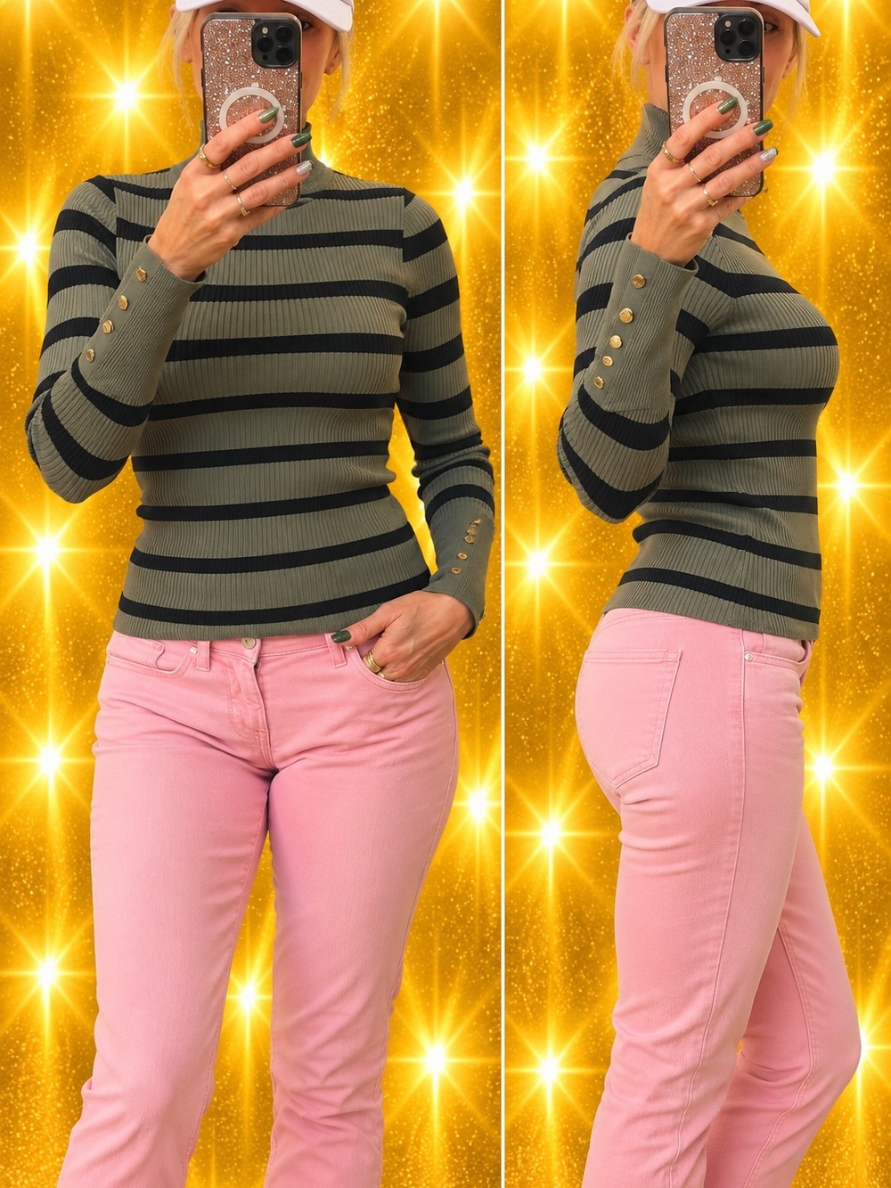 Guess Olive & Black Striped Ribbed Mock Neck Sweater